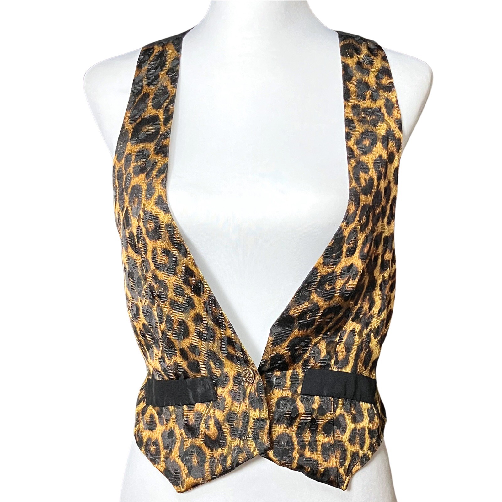 Vintage 80s Leopard Cheetah Cropped Satin Vest Brass Buttons. Retro Funky. S/M.
