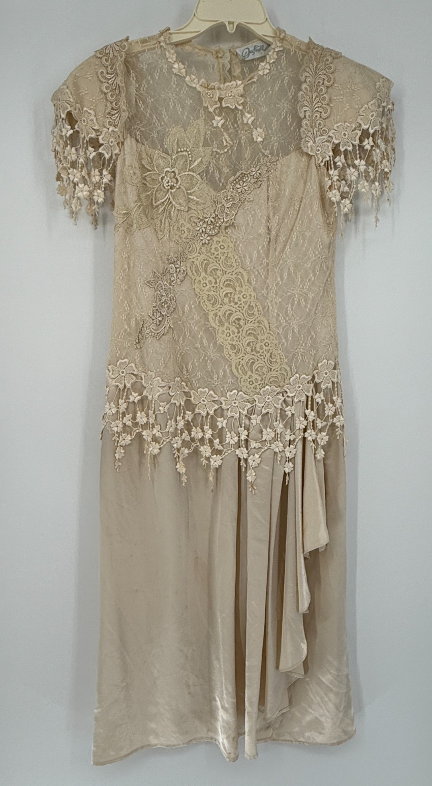 Vintage Ivory Lace Satin Midi Dress Cottagecore Victorian Prairie Romantic Fairy