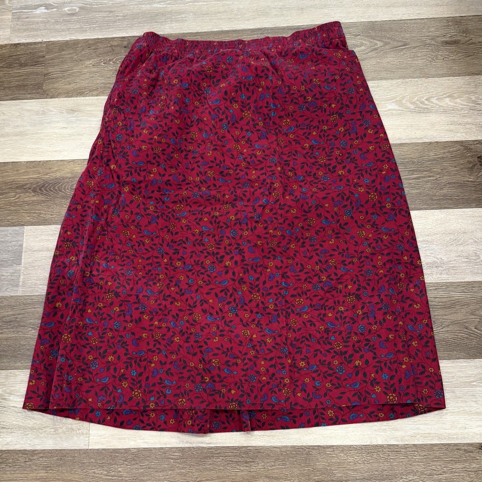 Vtg Bryn Connelly Midi Skirt Sz 16 Dark Red Floral Soft Lightweight Corduroy EUC
