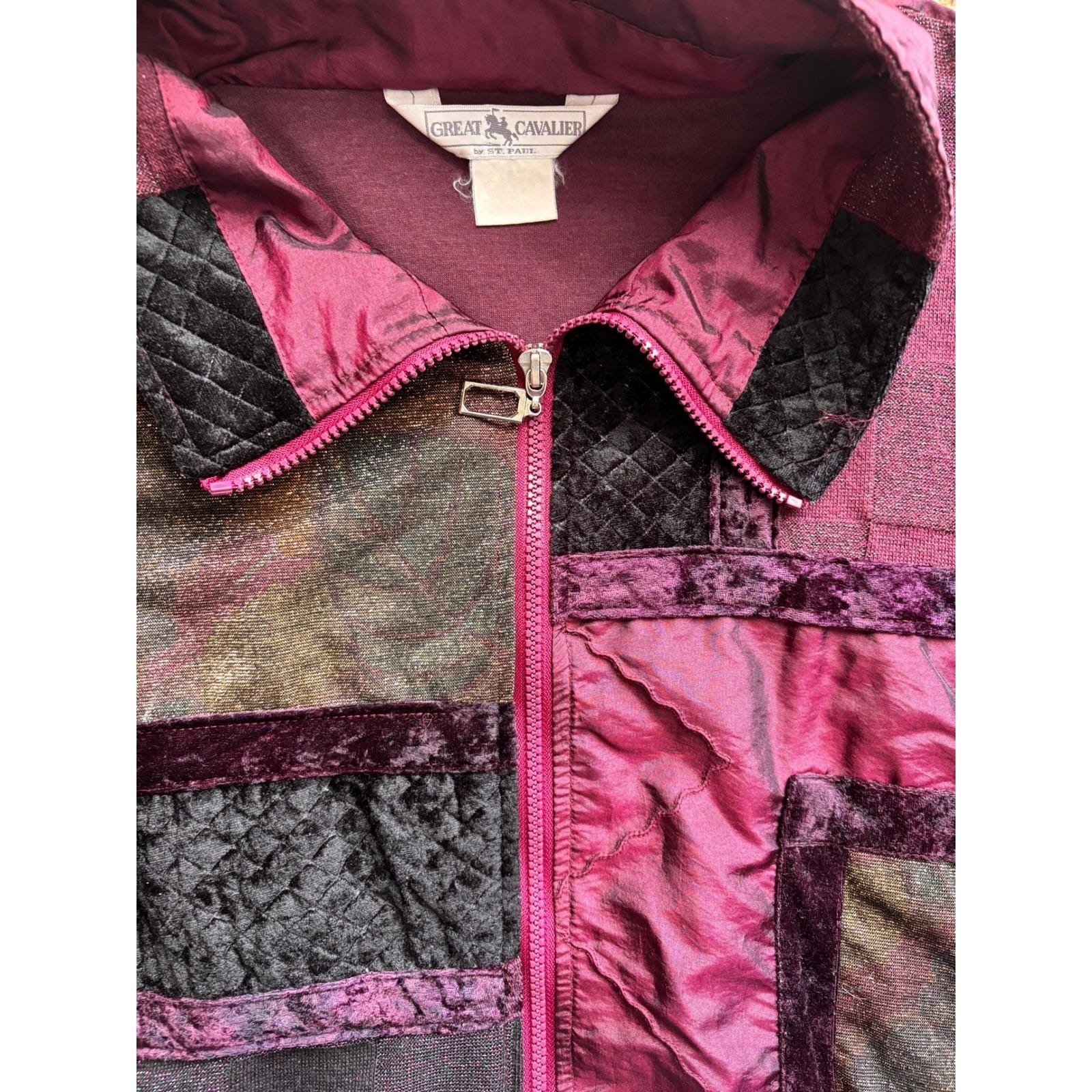 Great Cavalier Vintage Patchwork Bomber Jacket Plum Velvet Metallic Mixed Media