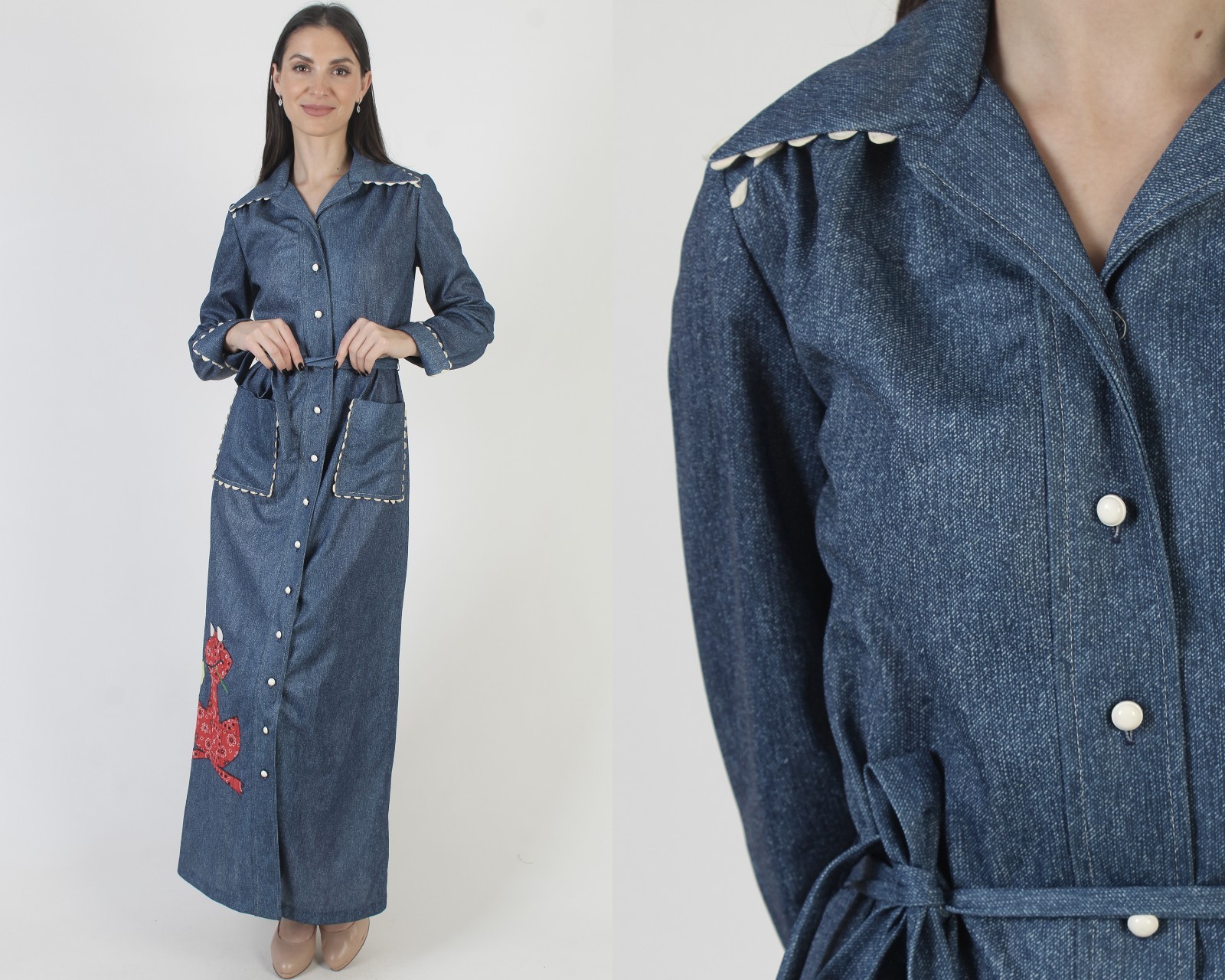 Vtg 70s Chambray Frog Prairie Dress Americana Bandana Belted Ric Rac Trim Maxi