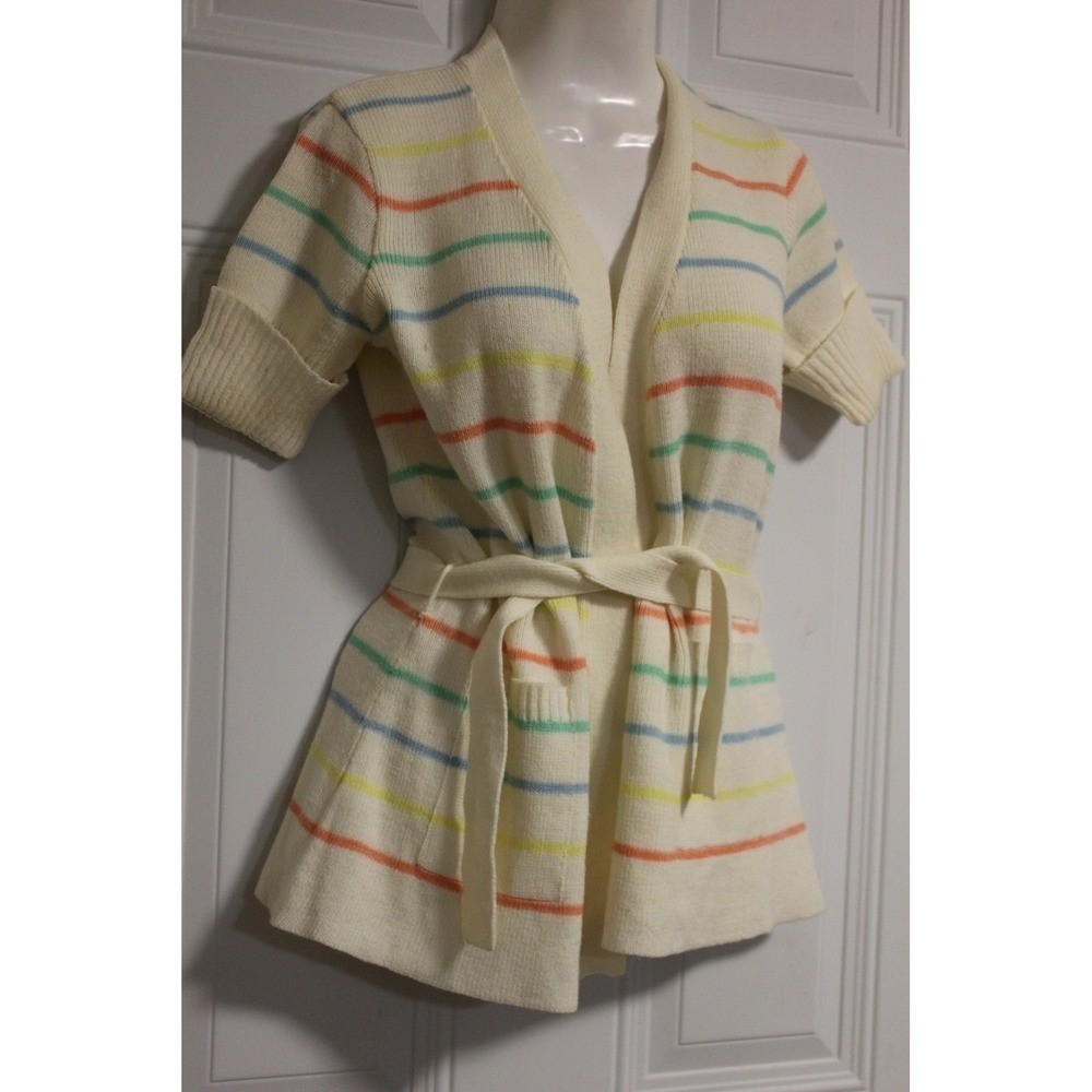 Vintage 1970s Knit Sweater Dress Belted Rainbow Stripe Short Sleeve SZ Med Retro