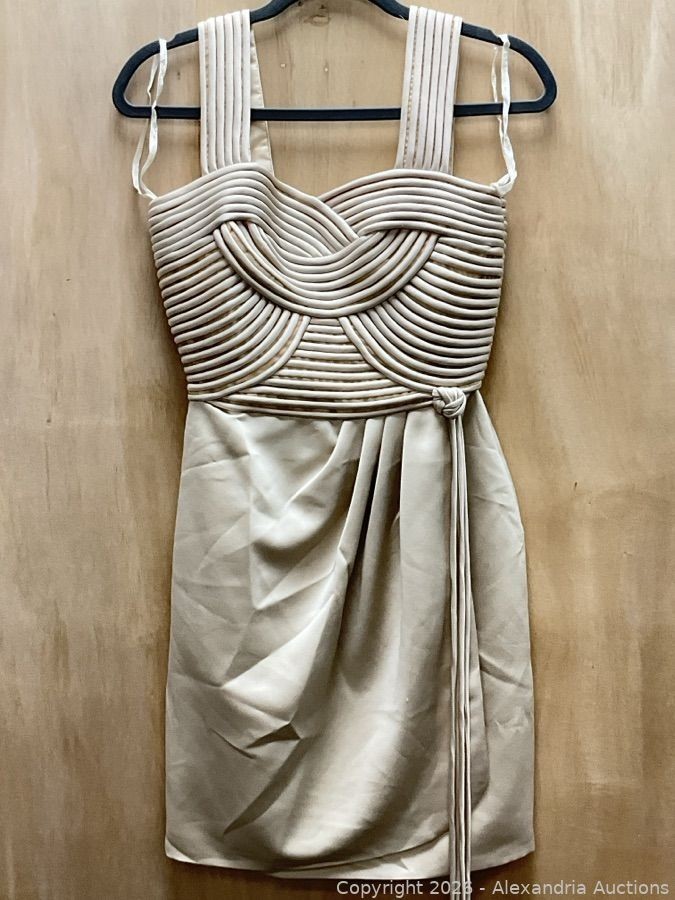 Vintage Victor Costa Tan Champagne Evening Gown Dress Braided Bodice Satin