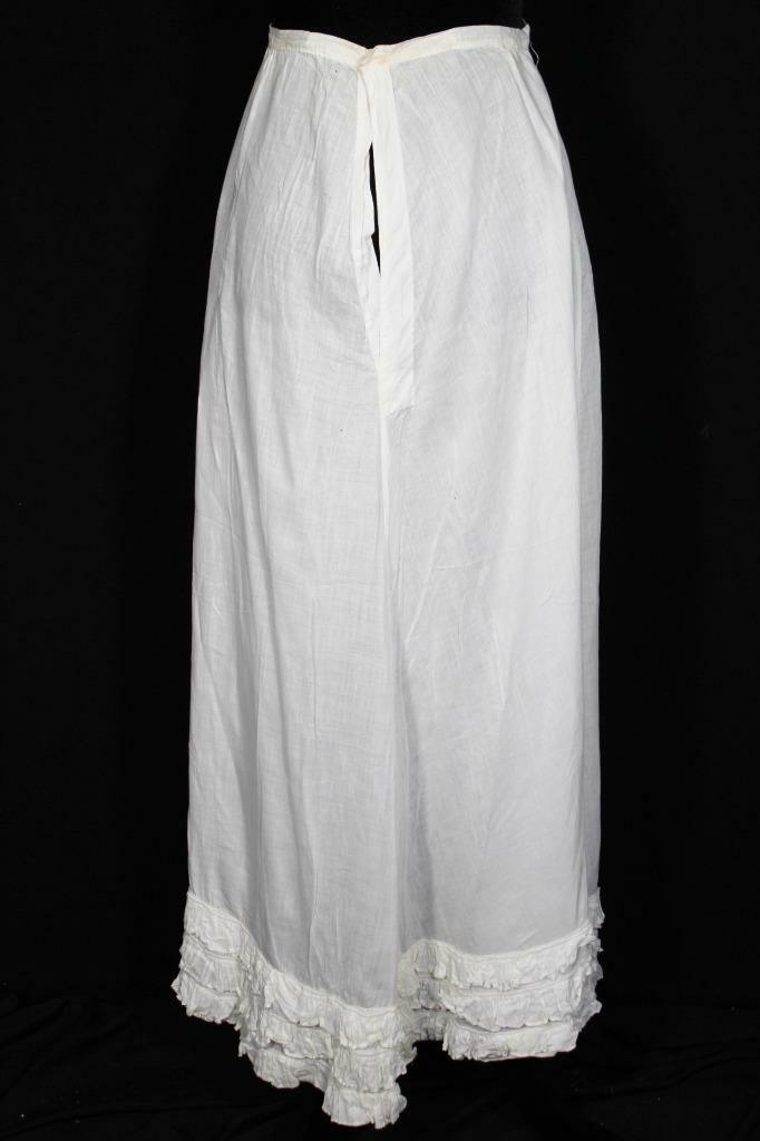 ANTIQUE FRENCH LONG EDWARDIAN WHITE COTTON PETTICOAT SKIRT 30″ WAIST 36″L