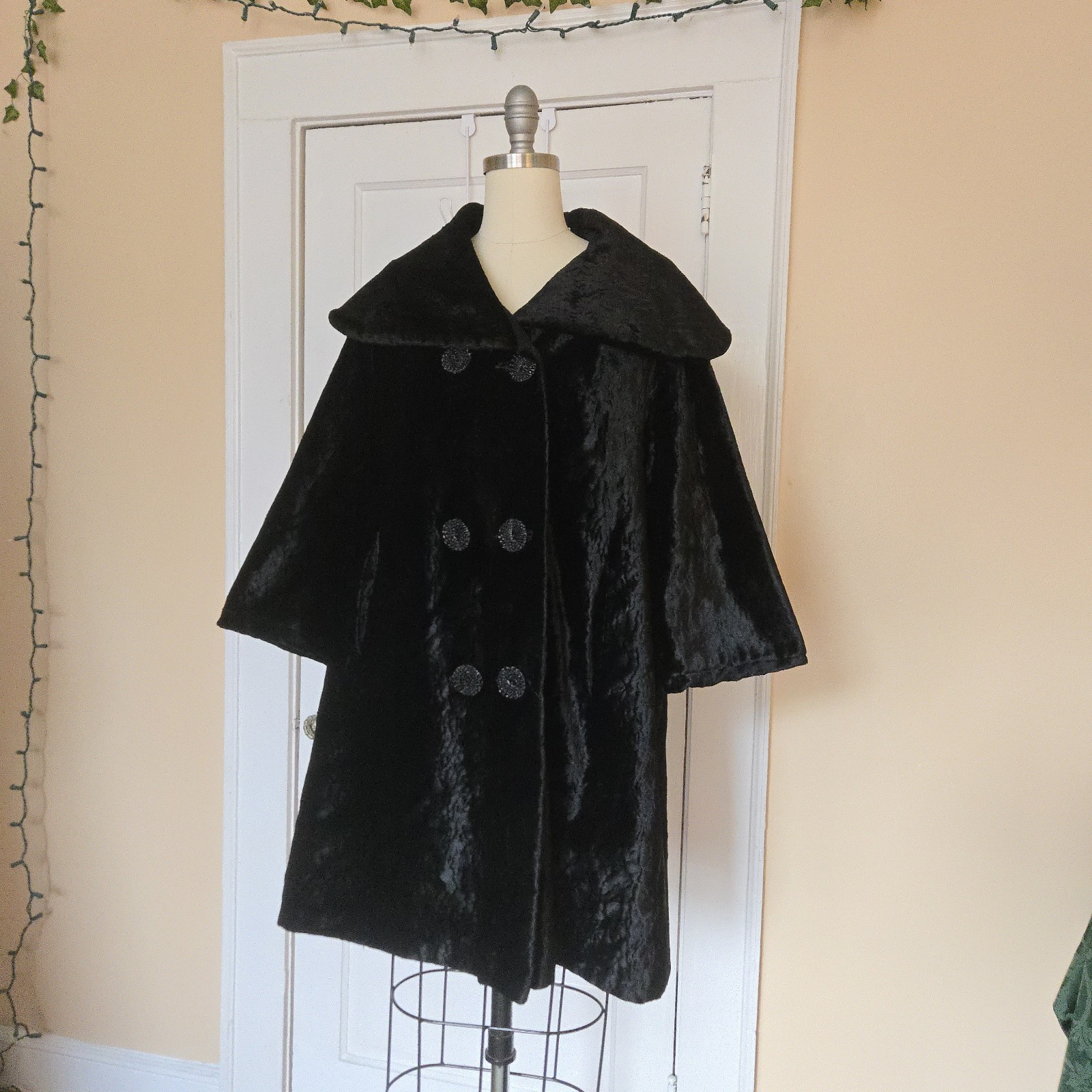 1960s Vintage Swing / Opera Coat Black Faux Fur ILGWU Union Made Double Breasted