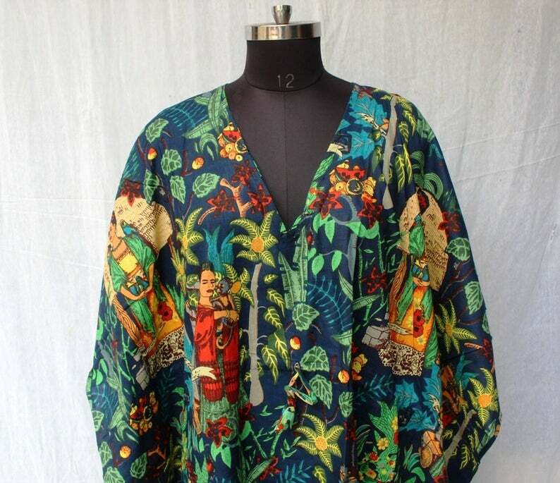 Blue Cotton Kaftan, Indian Floral Kaftan, Long Caftan, Beach Cover up, Sleepwear