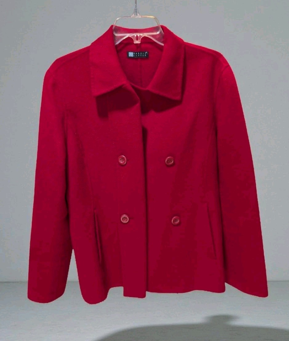 Vintage Red 100% Boiled Wool Coat- Medium, Carole Little, Button Front, Collared