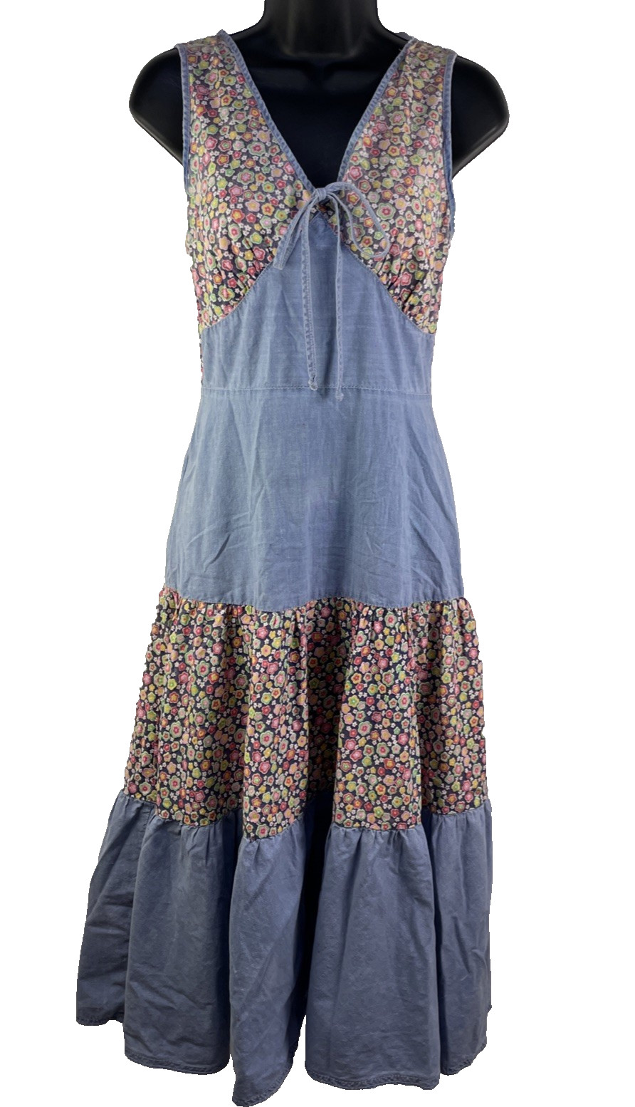 Vtg Prairie Cottagecore Chambray Calico Dress Size XS Cotton