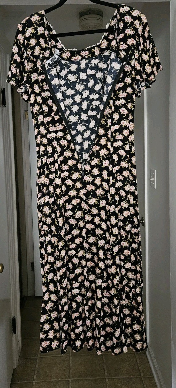 Vintage 80s/ 90s Marnie West Floral Midi Dress Lace Scoop Neck Shoulder Pads 13