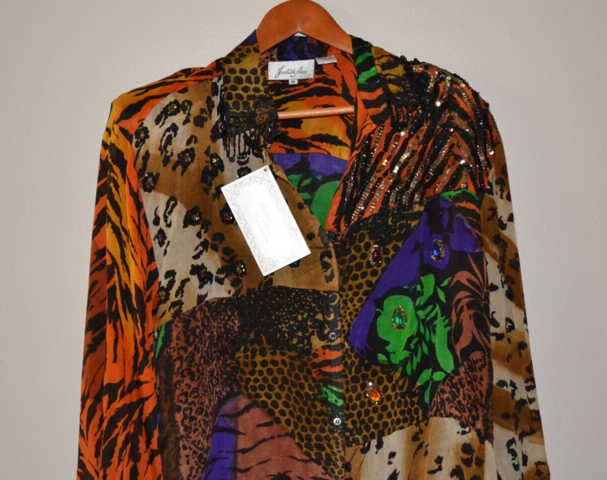 Judith Ann Rare Vintage Silk Button Down NWT – Sequin Embellished Hi-Lo Blouse M