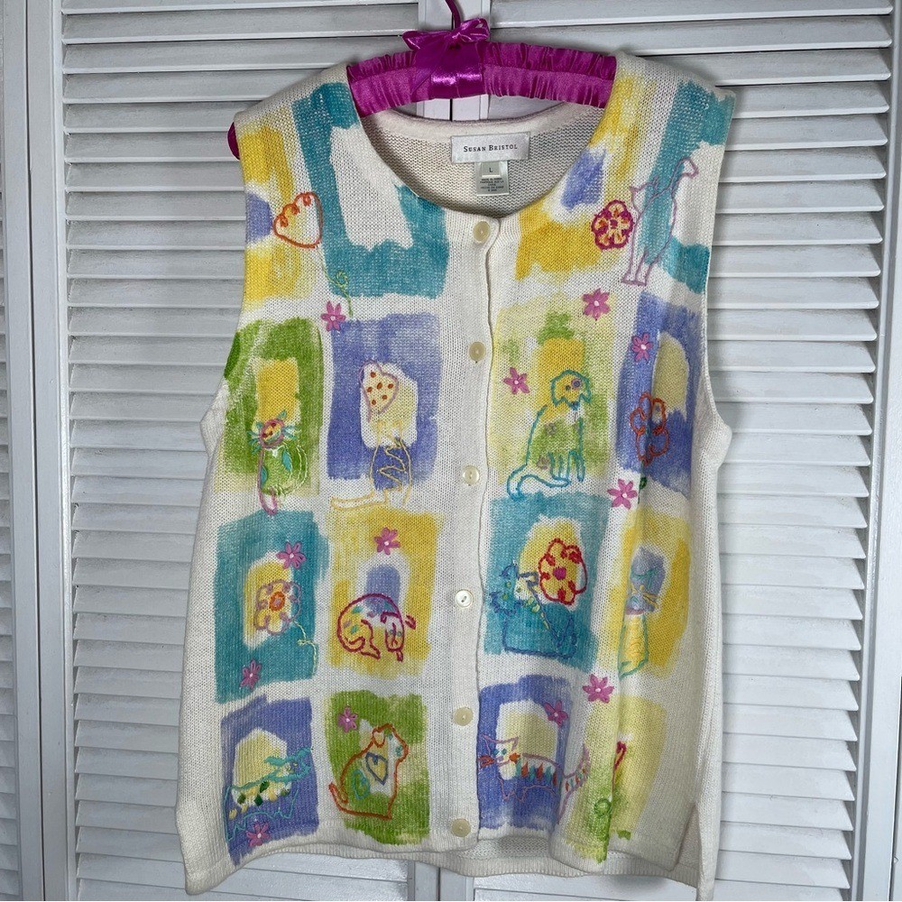 Vintage Susan Bristol Embroidered Knit Vest L | Boho Cottagecore Artwear