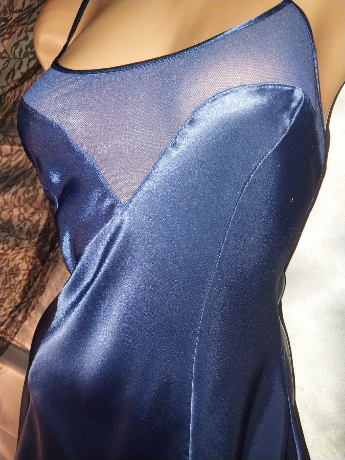VTG SATIN SHINY IMPORT BLUE GLAM SLIP DRESS NIGHTGOWN BABYDOLL VAK MODE 80S M
