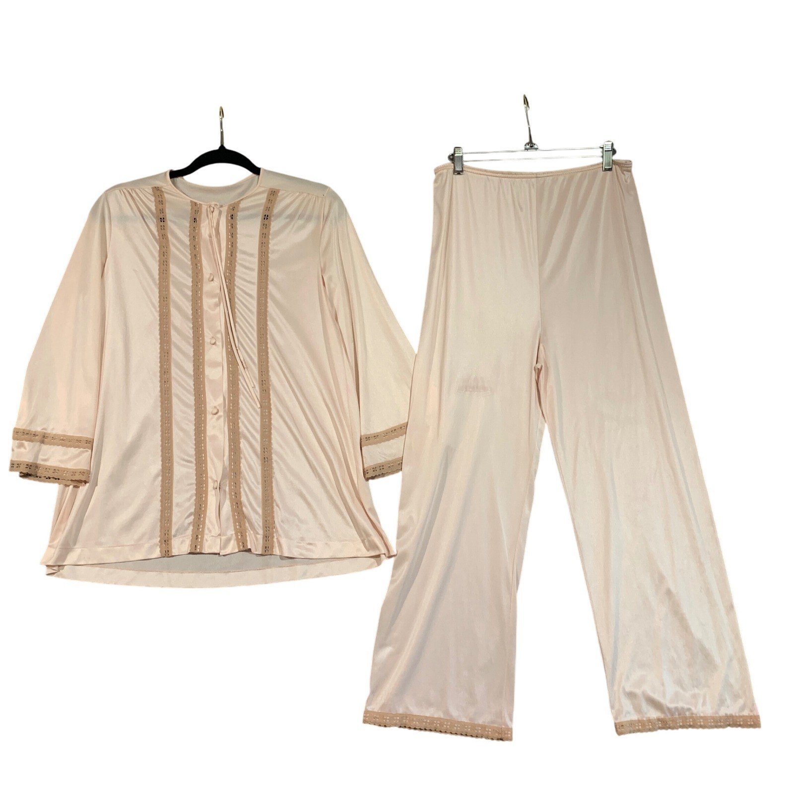 Vintage 70s 80s Pajama Set Women’s Medium Lace Trim Long Sleeve With Pants Satin