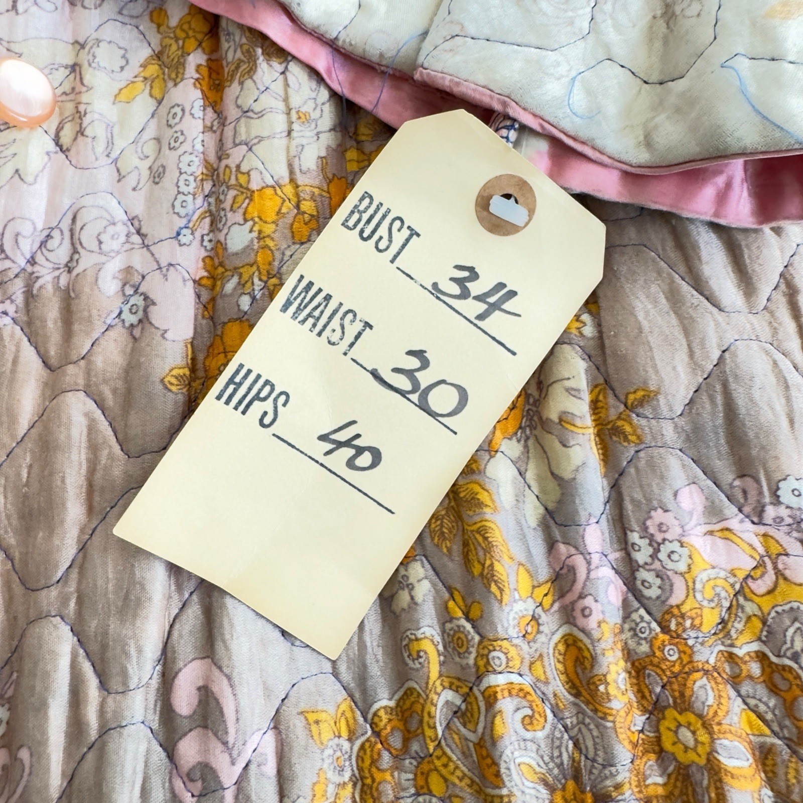Vintage 1960s Quilted Hostess Gown Pink Sash Lounge Robe Psychedelic Print
