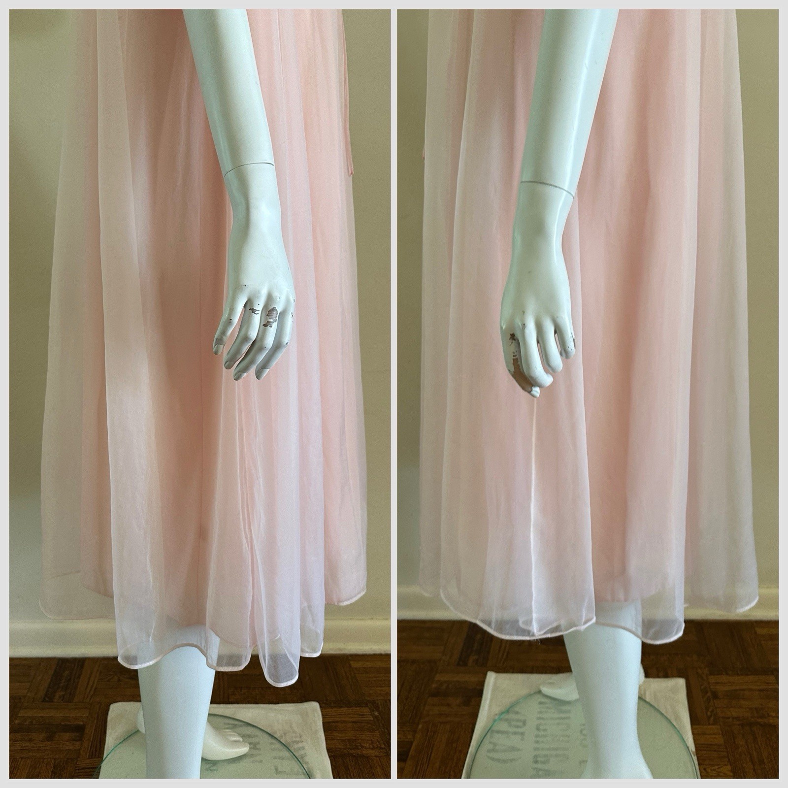 1960s Gotham Pink Nylon Peignoir Set Babydoll Chiffon Lace Lingerie Robe M VTG