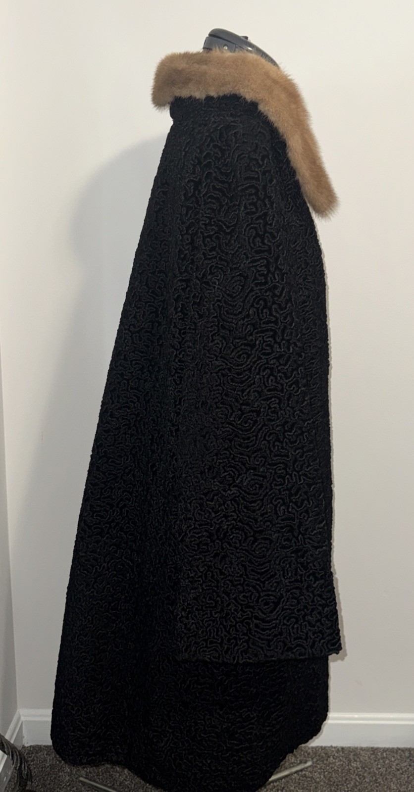 Vtg 50’s Astrakin Black Curly Persian Lamb Wool Swing Coat Mink Collar France L