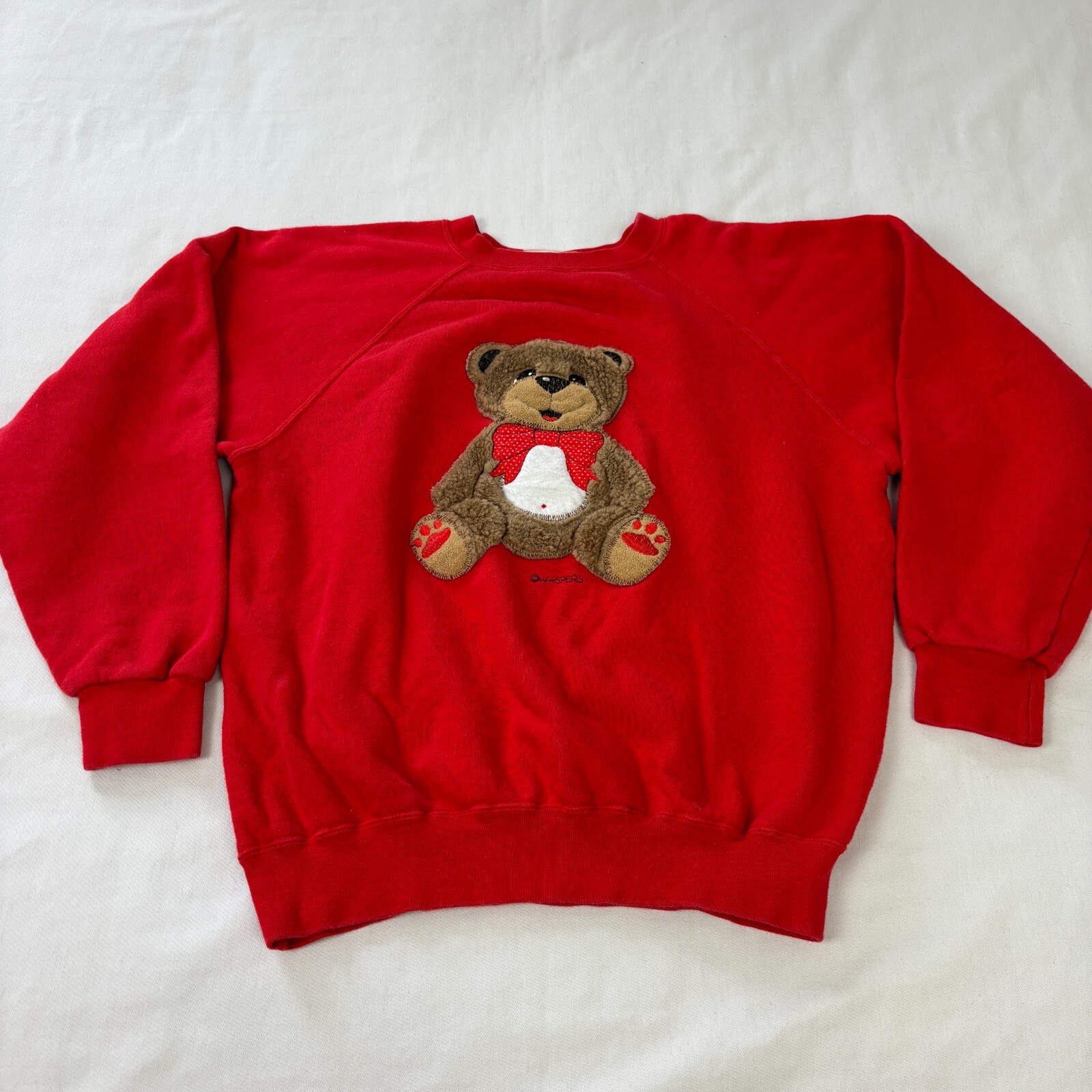 Vintage 90s Whispers Teddy Bear Red Raglan Sweatshirt Fur 3D Applique Womens XS