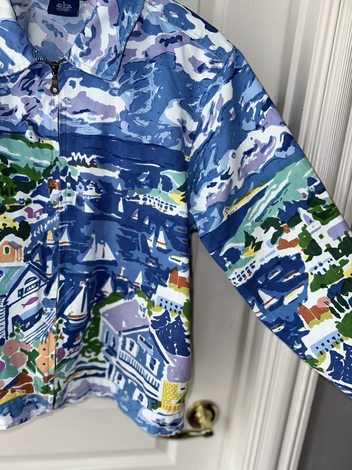 VTG Artscapes Cotton Canvas Jacket Coastal Harbor Scene Art To Wear Women’s L