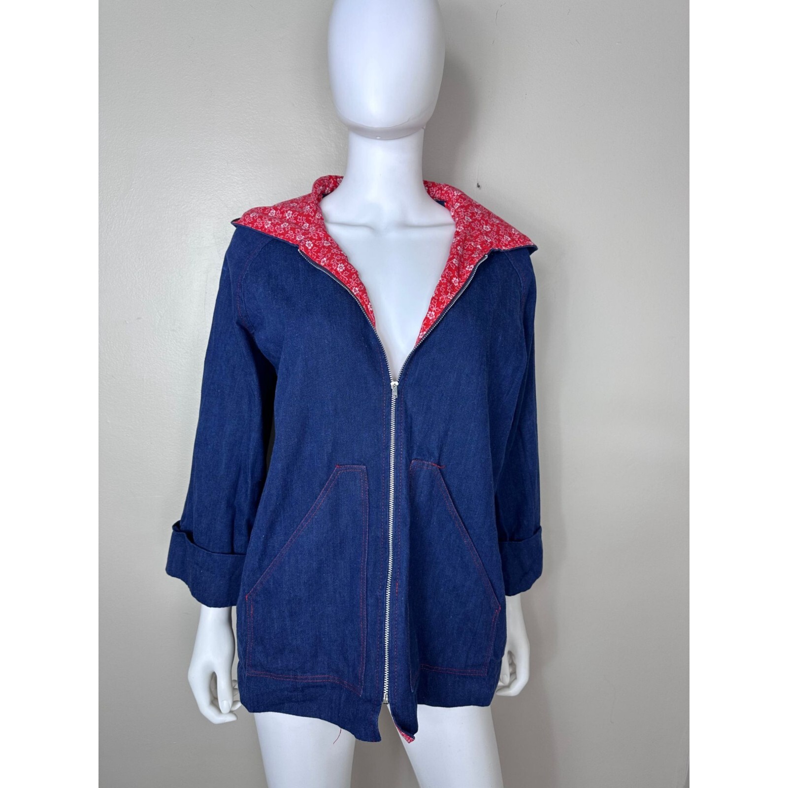Vintage 1970s Denim Jacket with Red Floral Lined Hood 70s Shelly’s Tall Girls