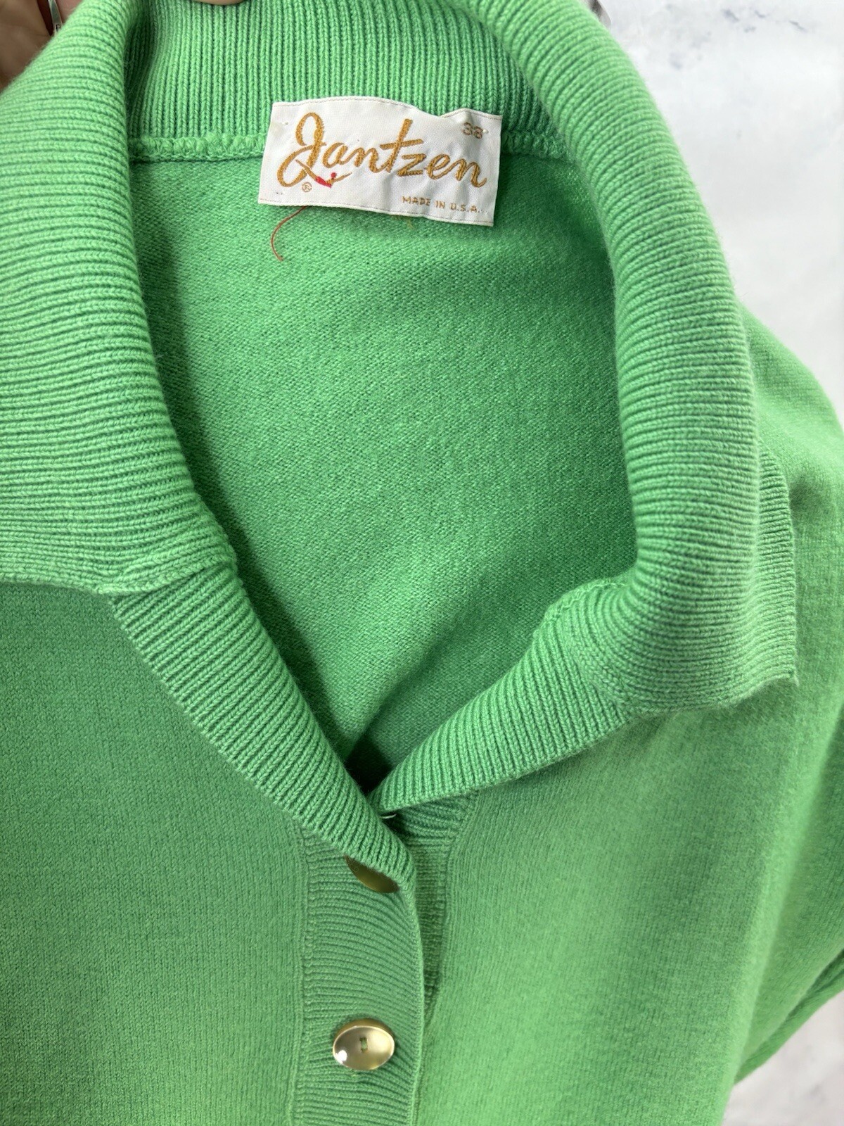 Vintage Jantzen 50s Wool Knit Cardigan Sweater 38 M USA Green 1950s Betty Paige
