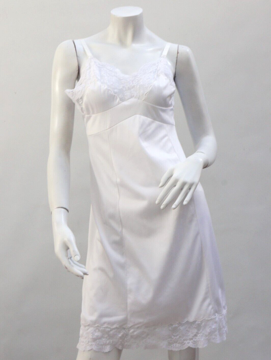 Vtg White Lace Trim Nylon Slip Dress Nightie Negligee