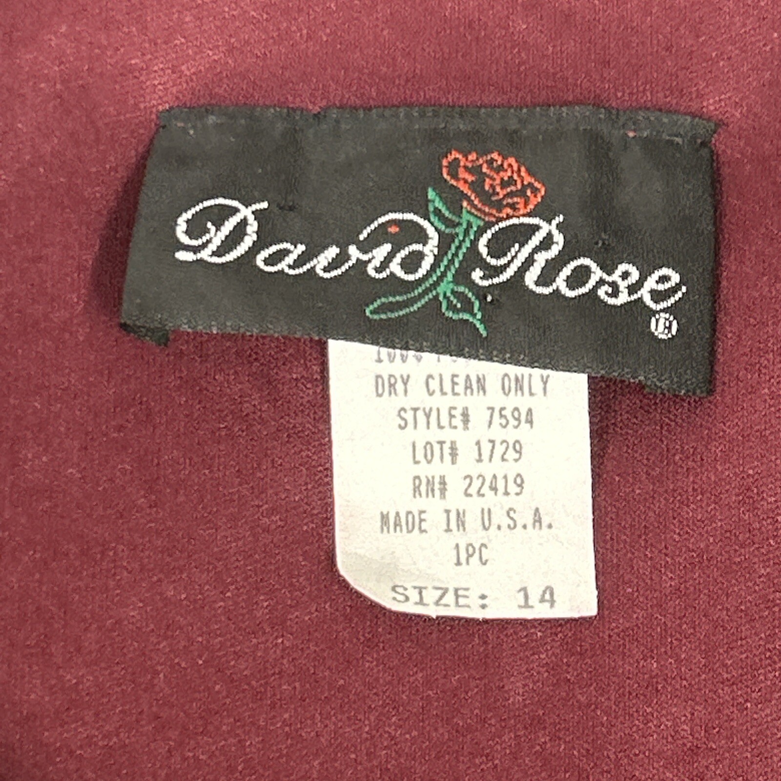 David Rose Dress Womens Size 14 Burgundy Pleated Holiday Party Vintage 80’s USA