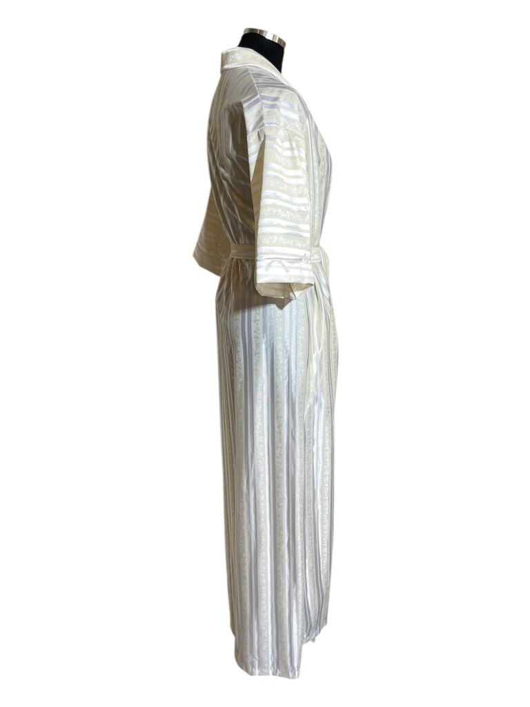 Vintage 70s 80s Robe Women M Long Satin Kimono Lightweight Yellow Stripe Floral