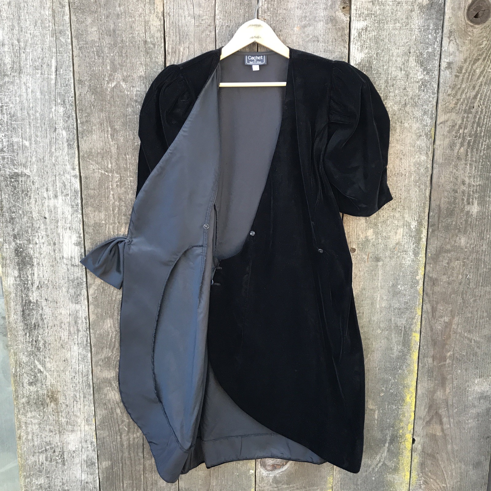 VTG 80s-90s Cachet by Bari Protas Black Velvet Puff Sleeve Bow Party Dress 7/8