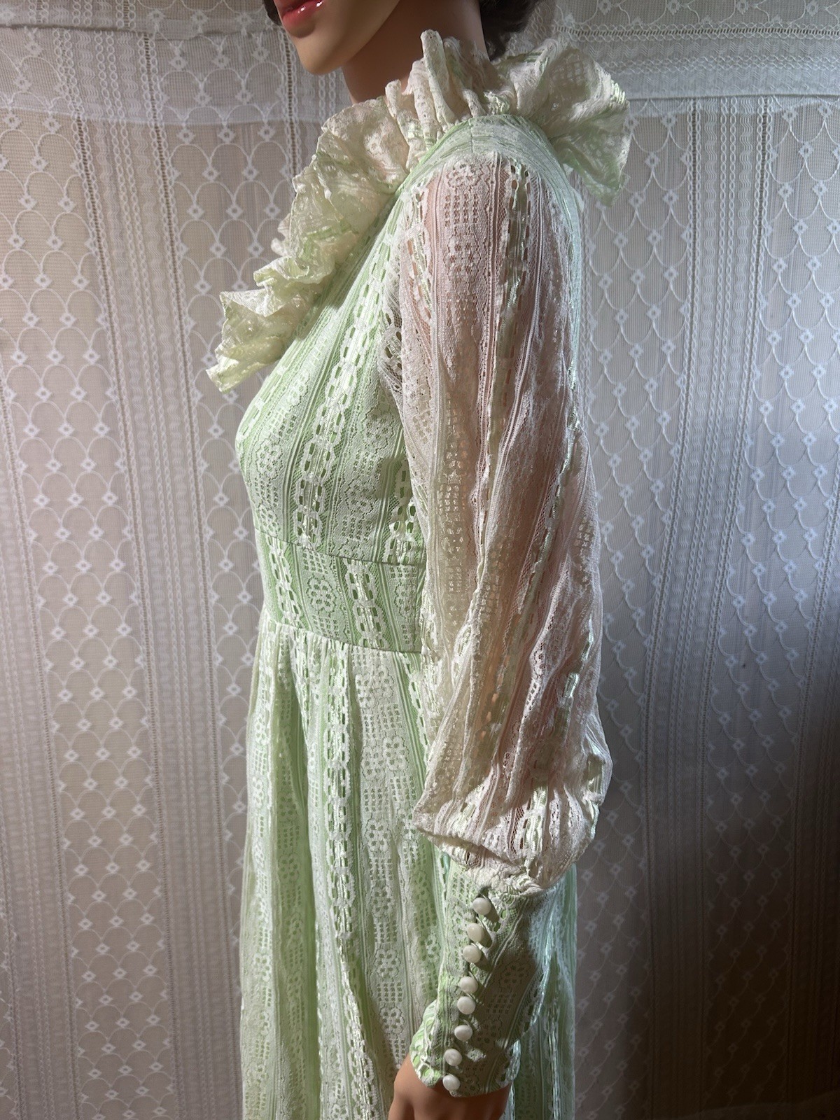 Vintage 1970s Prairie Dress Victorian Lace Folklore Cottagecore Lime Maxi S 27W