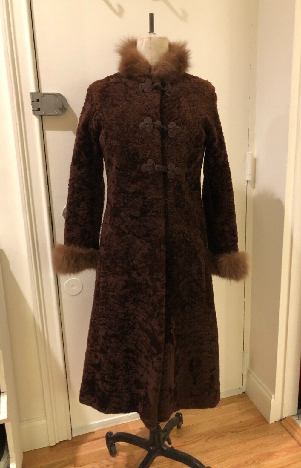 Vintage 1940s Henri Bendel Mongolian Lamb with Mink Fur Trim Full Length Coat XS