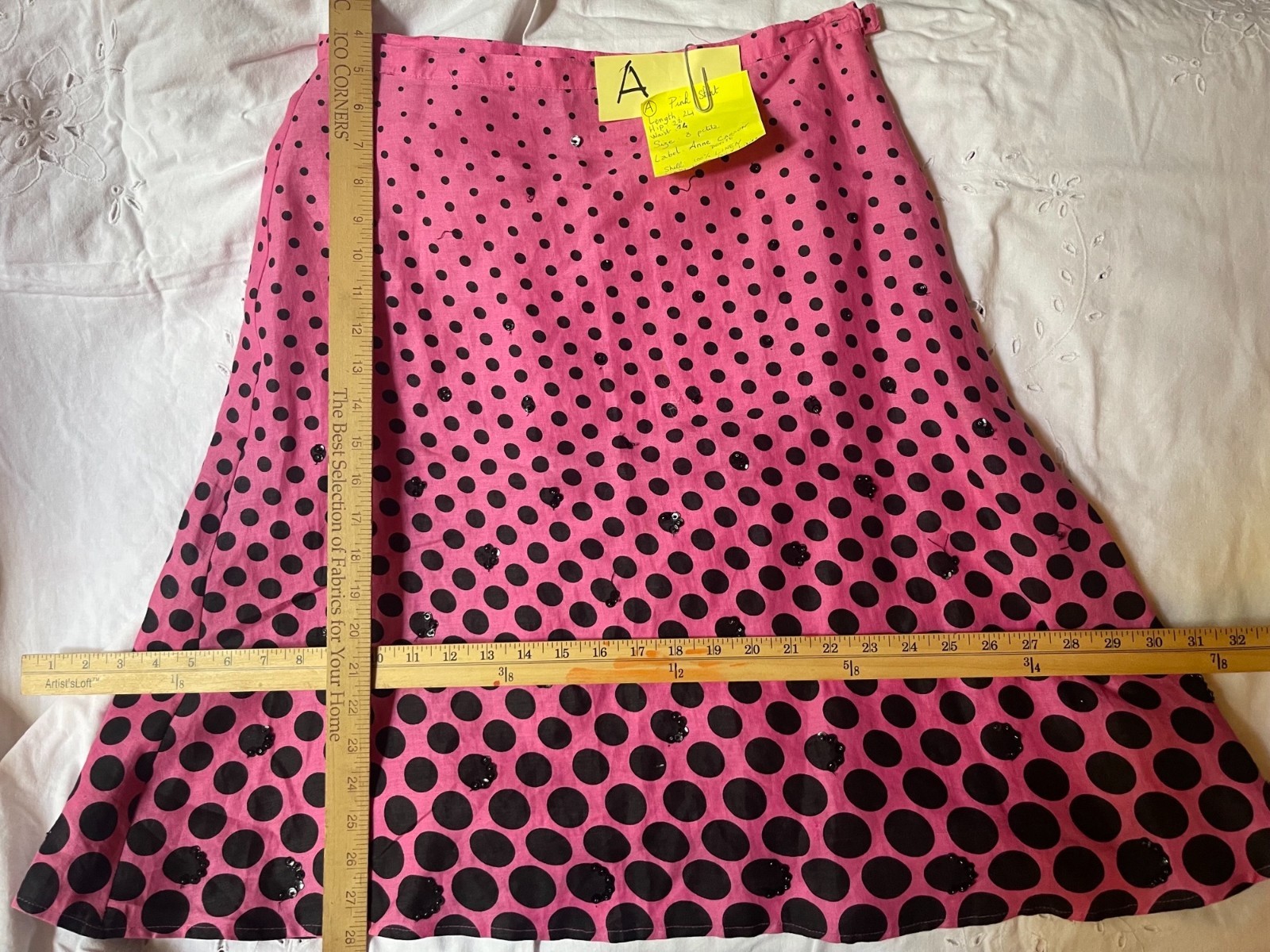 Vintage Pink Skirt SWING great dancing Small linen black polka dots 90’s (A)