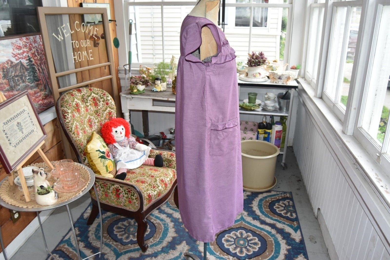60s 'Gragero’ Cotton Nightie Embroidered Hand Dyed Ruffles-Pocket Purple-Medium
