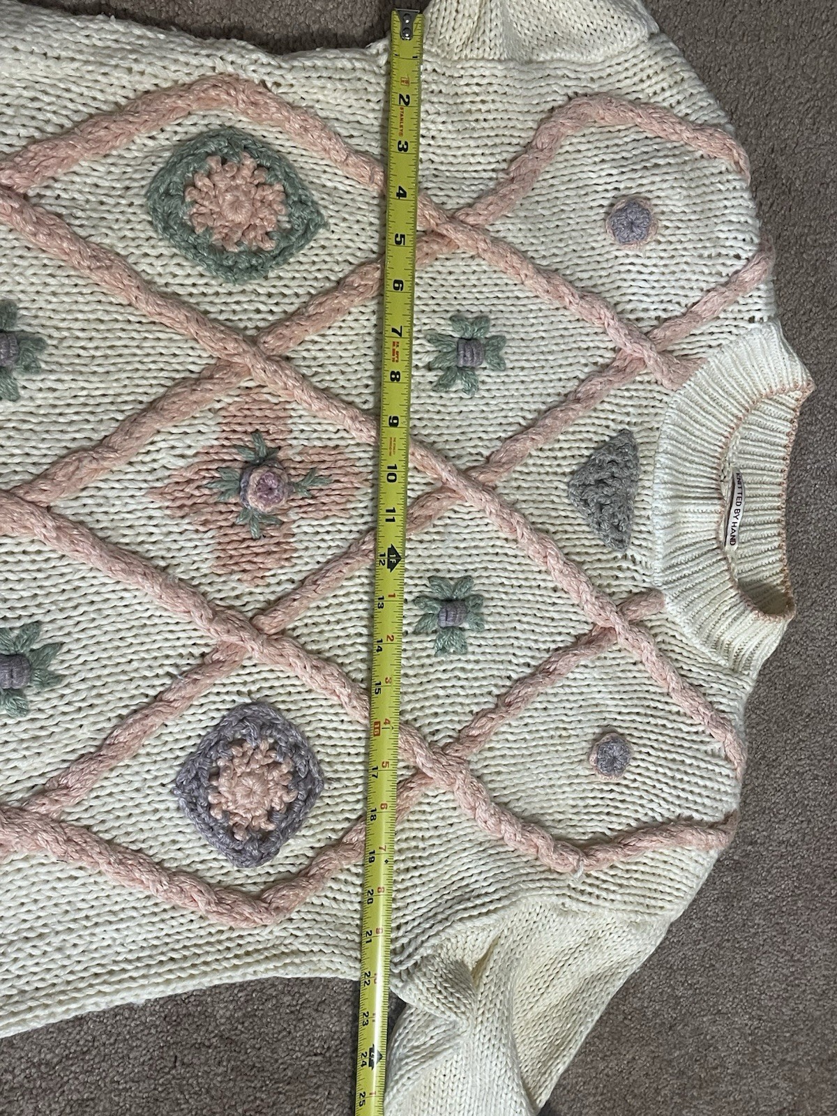 Vintage Huntington Ridge Sweater Womens L Cream Peach Flowers Granny Cottage Fai