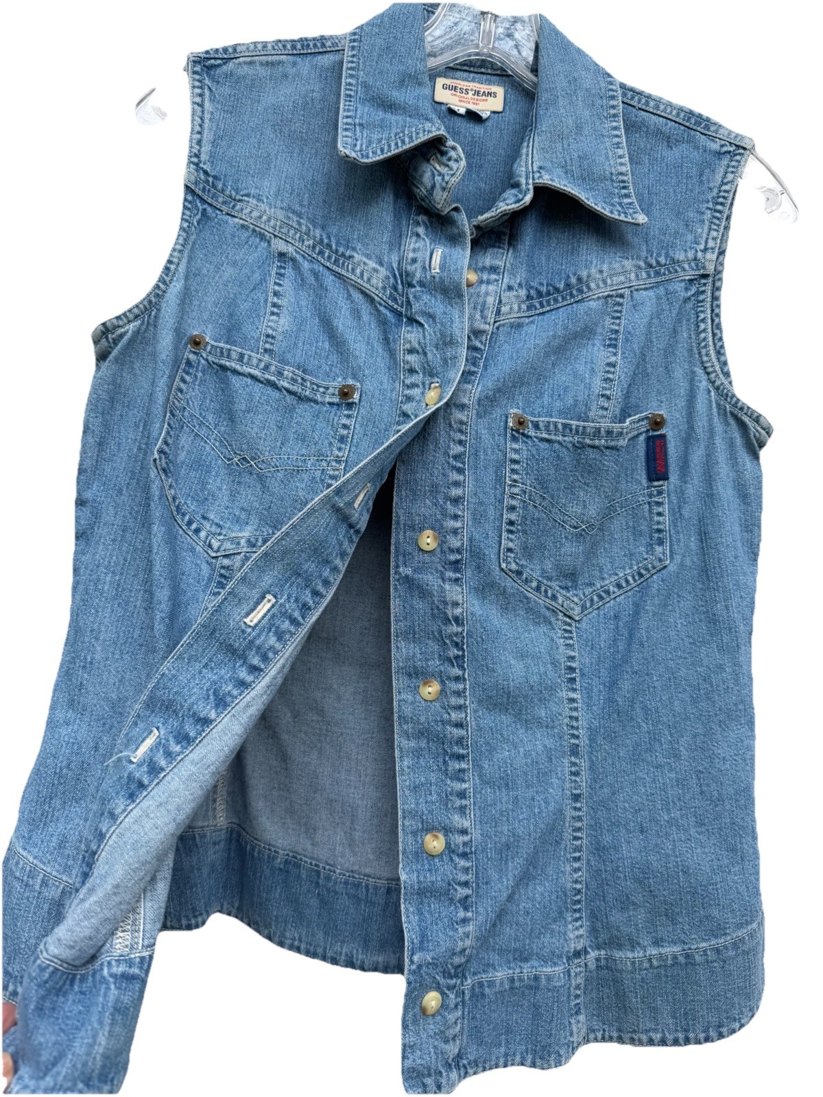 VTG 90’s Guess Jeans Denim Blue SLS Collar BF CTN Blouse SZ Med.