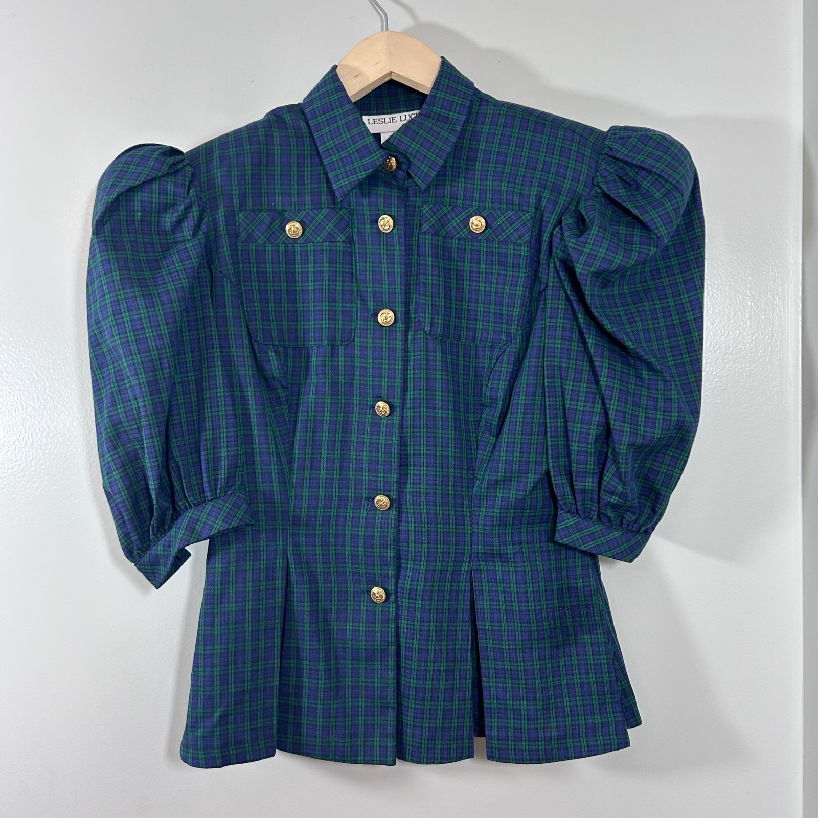 Vintage Leslie Lucks Plaid Puff Sleeve Peplum Top Green Navy Gold Crest Button 6