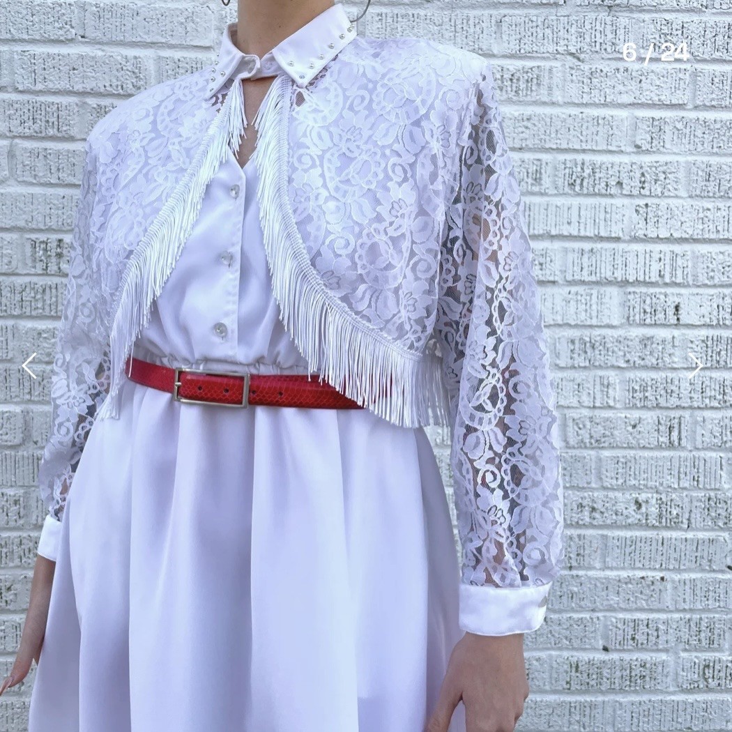 VTG 1980s White Lace & Fringe Western Dress, Authentic Ranchwear, Cowgirl, Rodeo