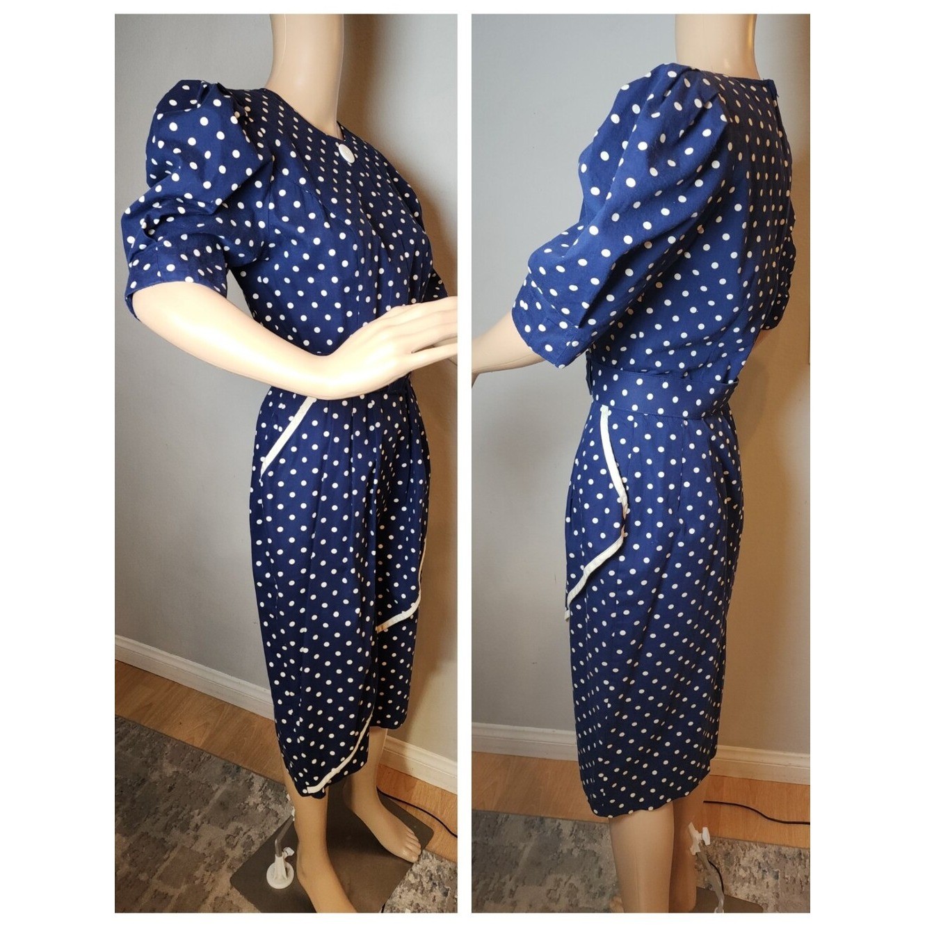 Vintage Choon California Dress Blue White Polka Dots Belt Pockets Est Size XS