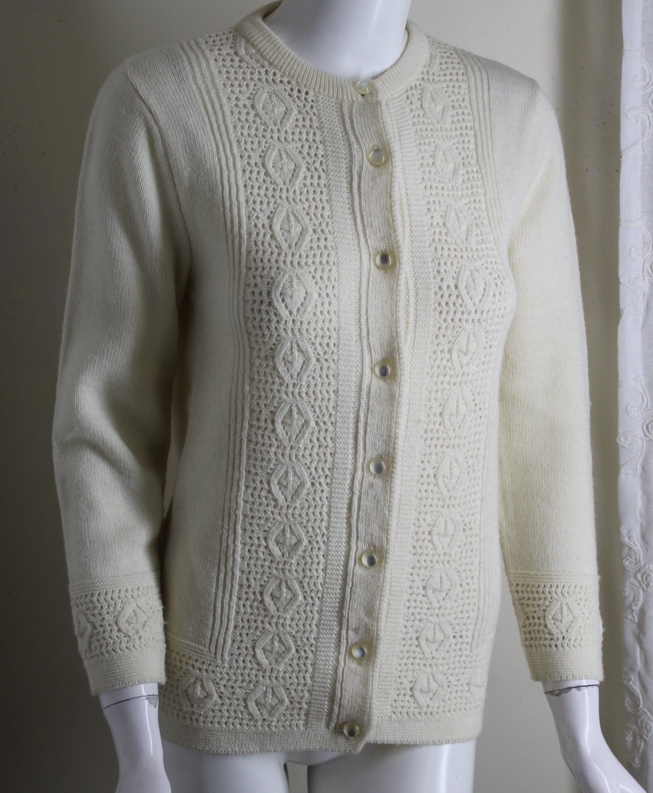 By Billie Jo Sz S M 1970s White Pointelle Knit Acrylic Cardigan Sweater Lovely