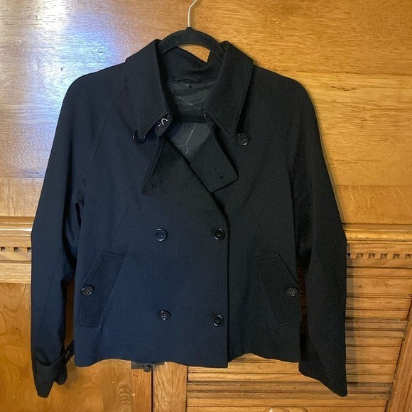 90s Vintage Preppy Katherine Barclay Black Double Breasted Ruffle Back Peacoat M