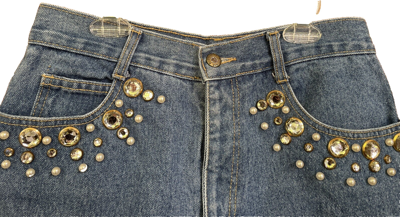 VTG 80s Glam Rock Jewels Pearl Stud Street Wear Denim Jean Shorts Cut Offs