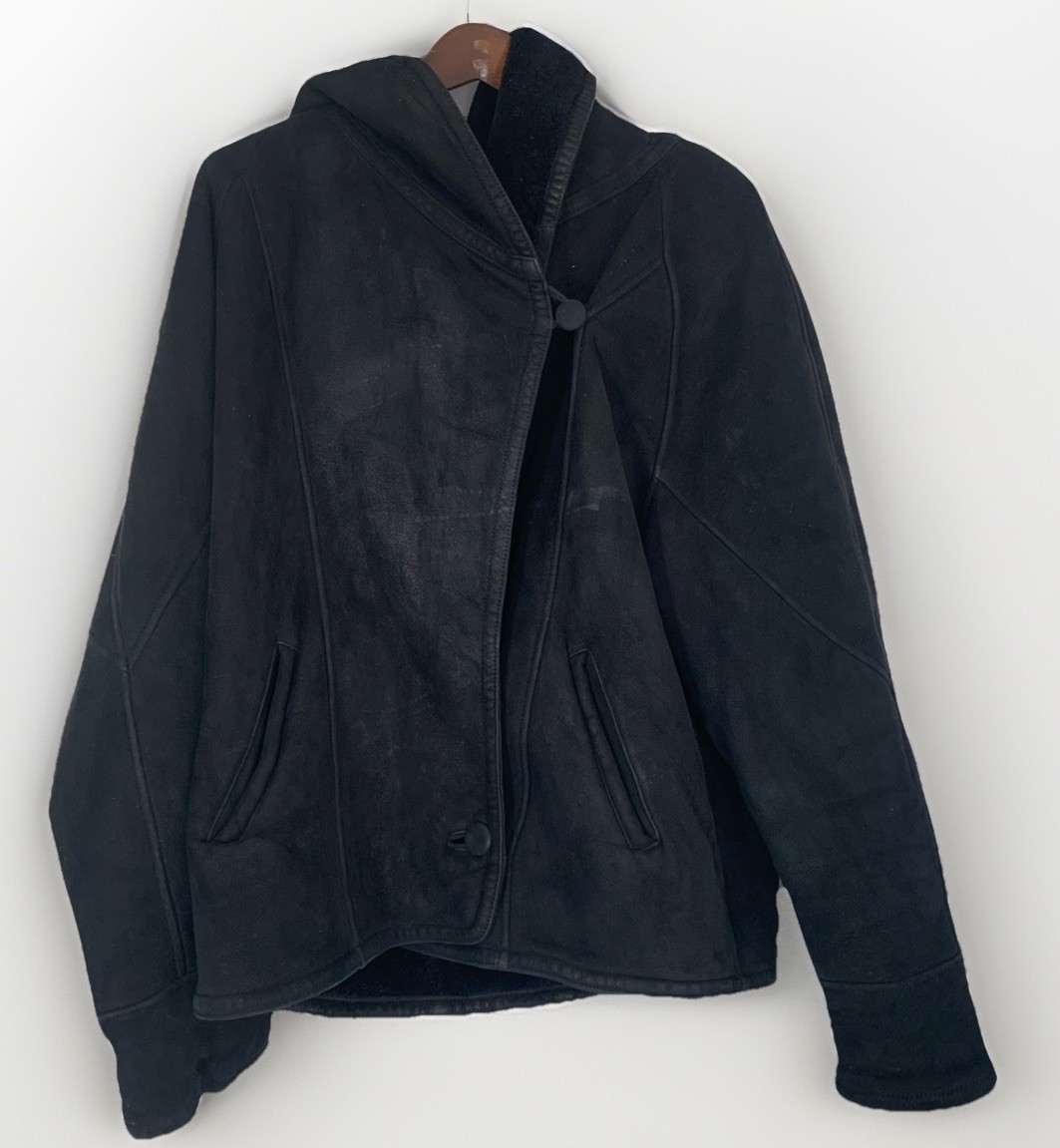 Toppolino Black Coat Fine Leatherwear Hooded Coat Shearling Lined L Vintage