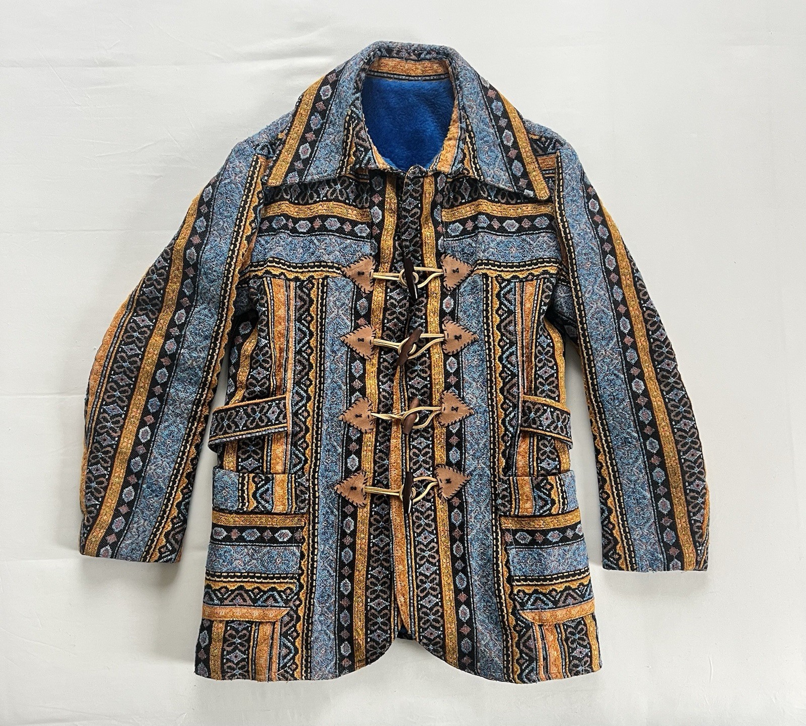 1970s Coat Colorful Tapestry Carpet Jacket Belt Toggle Button Amazing Aztec