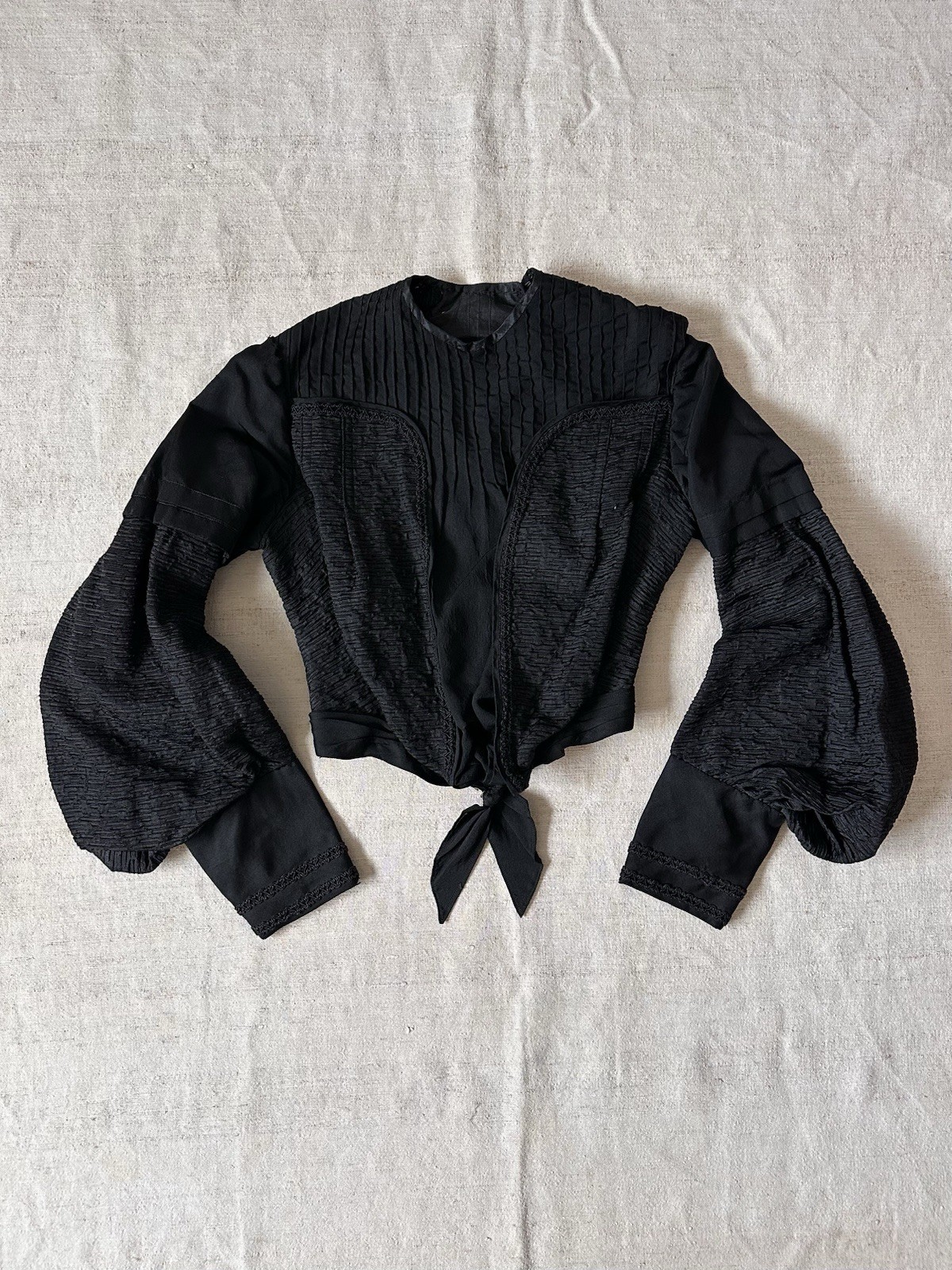 1870s Antique Blouse Jacket Black Silk Mourning Puff Sleeve Corset Top Womens XS