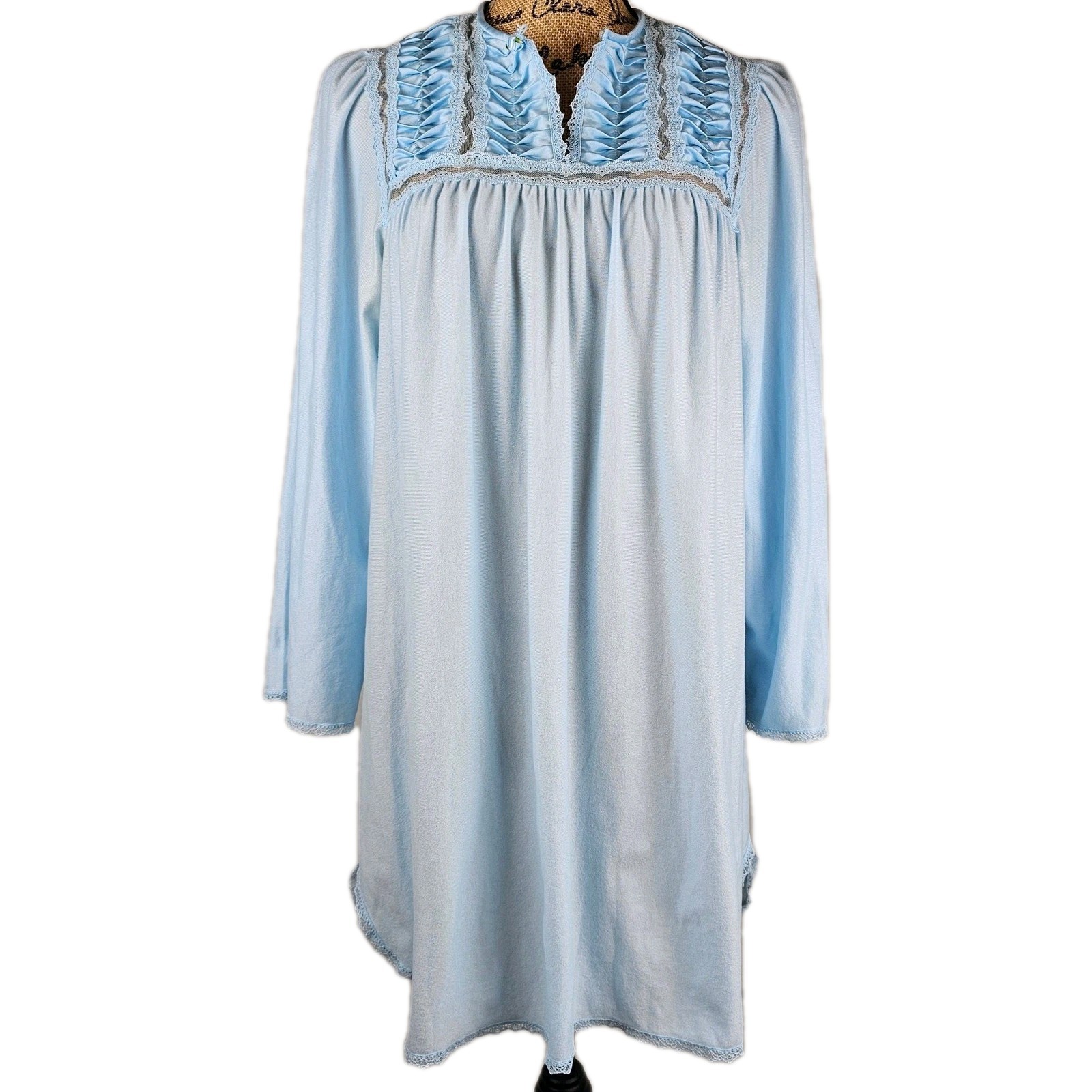 Vintage Vanity Fair Blue Nylon Lace Trim Long Sleeve Nightgown Sleepwear Small