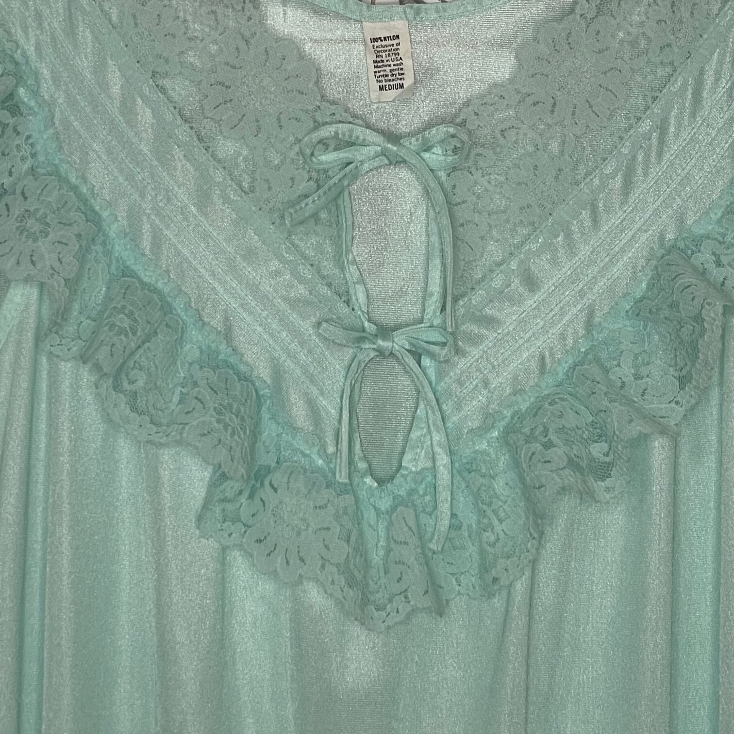 Vintage Nylon Nightgown size MEDIUM Nighty Sleep Wear Lace Front MINT Green USA