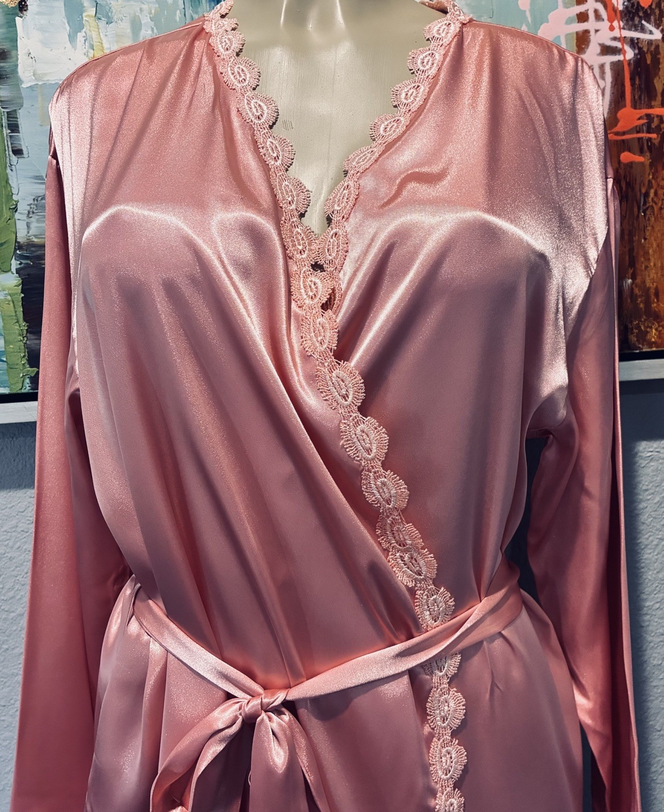 Vtg Peach Blush Satin Lounge Wrap Robe M