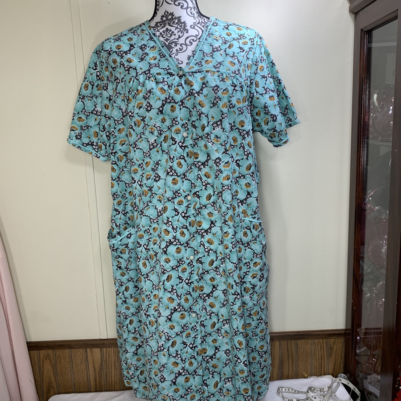 Vintage House Dress Patio Lounger Snap Front Robe Duster Mumu Large Grannycore