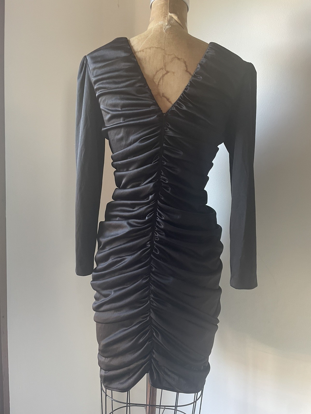 Vintage ‘80s Glam Mini Dress Coffin Ruched Black & Sparkly Lurex Body Con XS