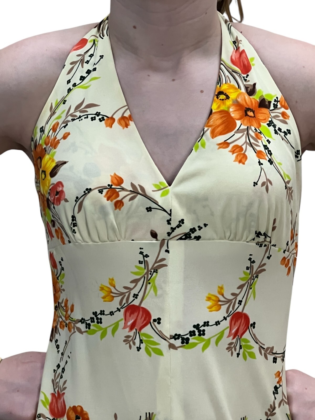 S Vtg 60s 70s Maxi Dress Lined HALTER Open Back ORANGE Floral Flat Knit Boho