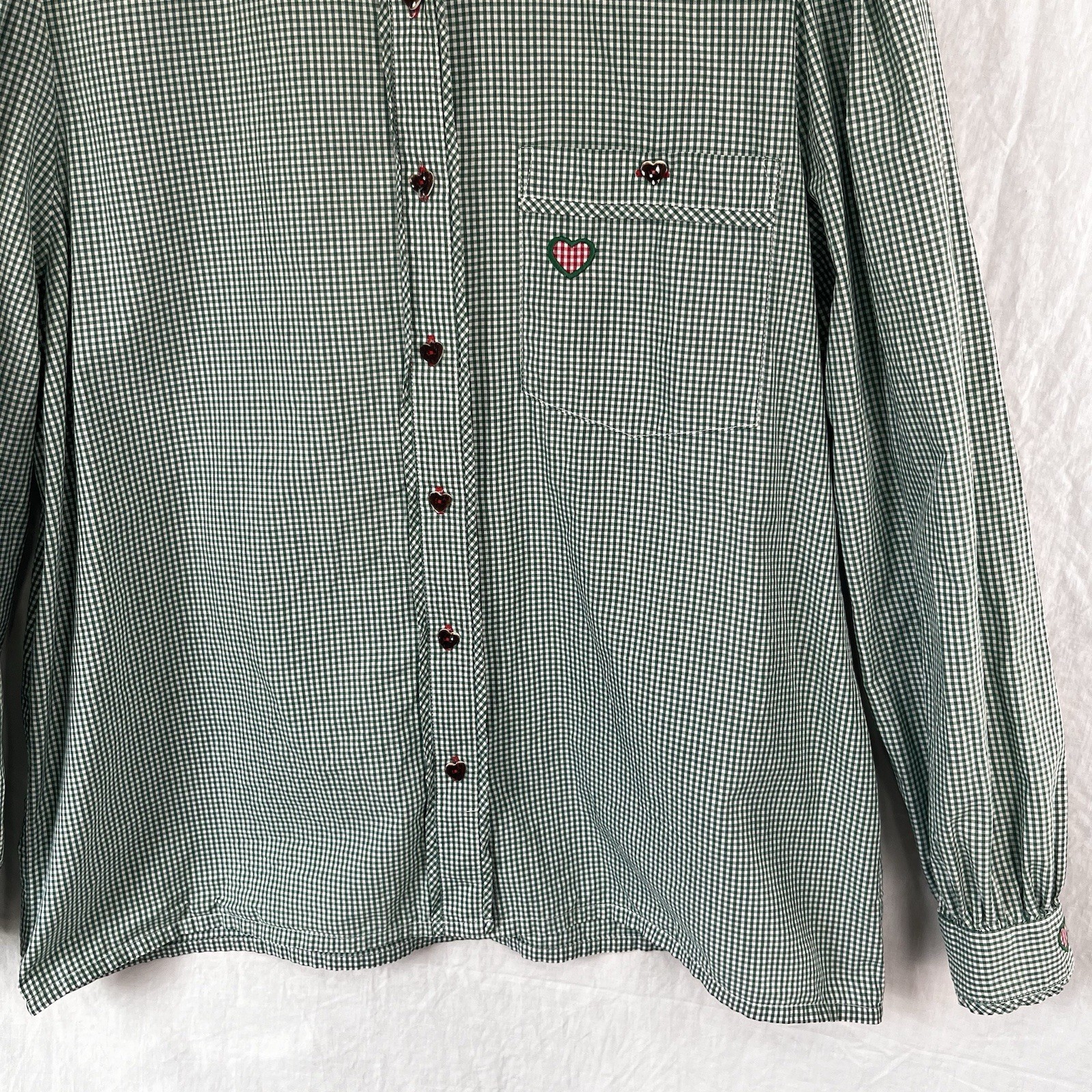 Hammerschmid Vintage Gingham Shirt Women Medium German Cotton Blouse Hearts Cute